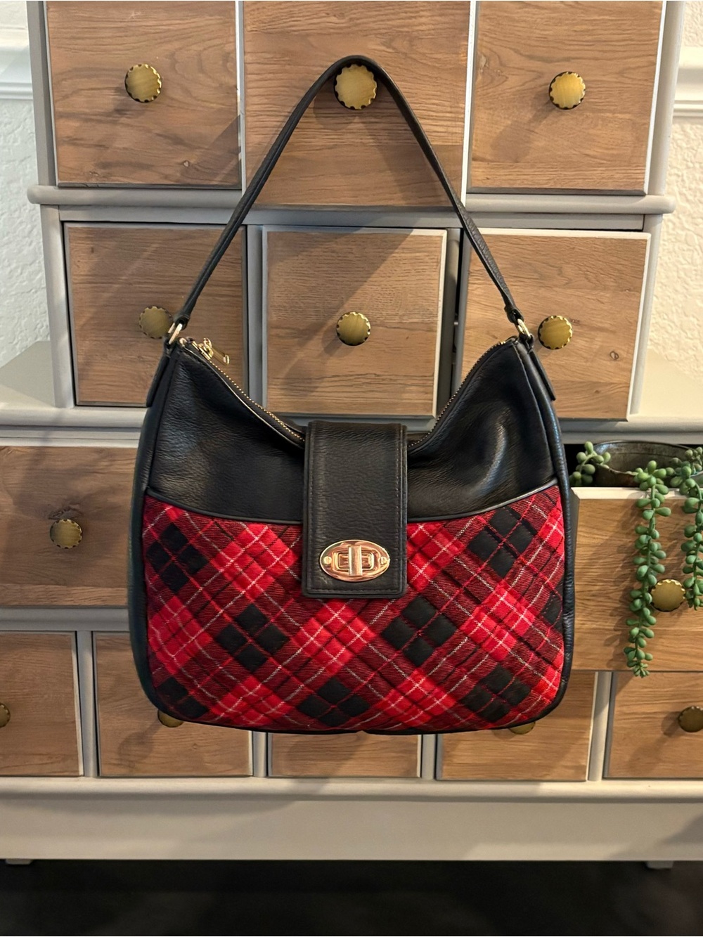 Talbots Quilted Greenwich Shoulder Hobo Bag Red Plaid Tartan Wool Black Leather